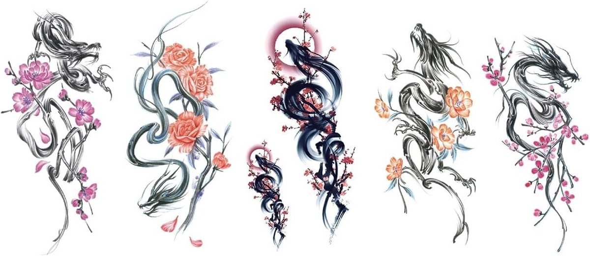 5 Sheets Temporary Dragon Tattoos Sakura Dragon Tattoos Cherry Blossom Tattoos Fake Tattoos Sakura Dragon 5 - ShopVlot