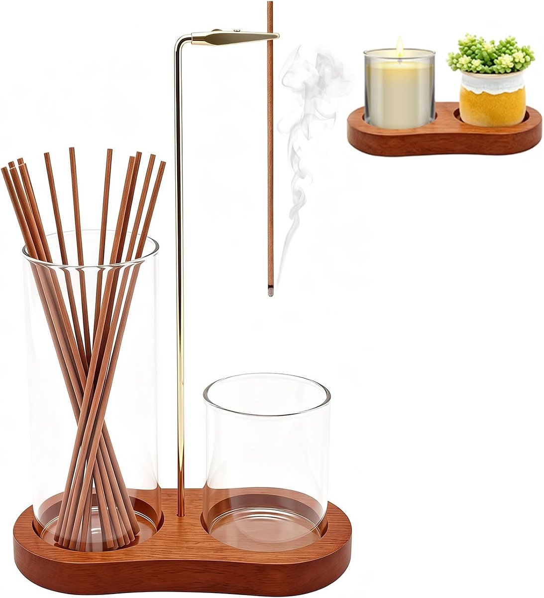 Wierookstokjeshouder met afneembaar glas, asvanger, hout, omgekeerde wierookbrander met asopvangschaal - ShopVlot