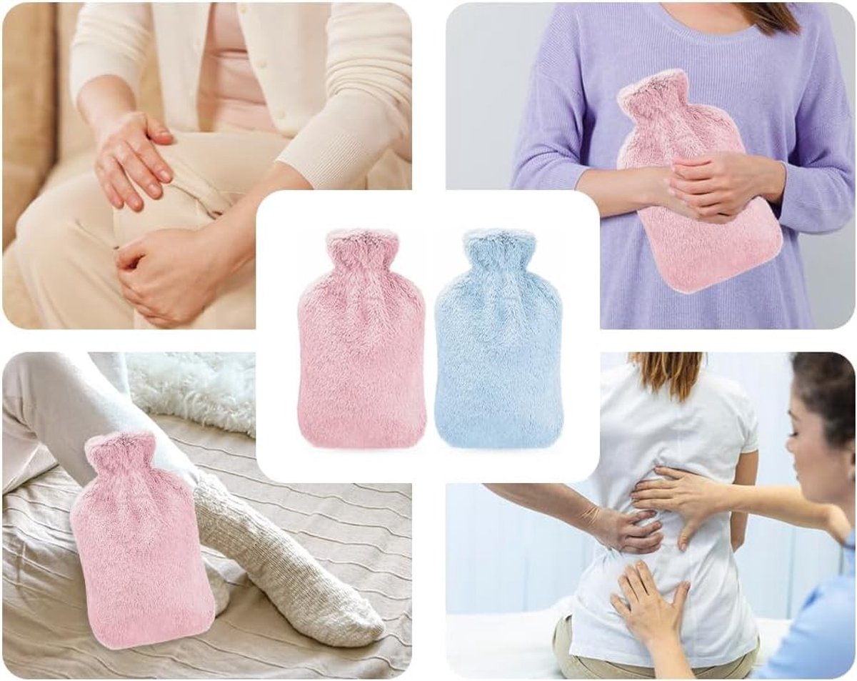 Waterdichte warmwaterkruik, warmwaterkruik met pluche, warme rubberen fles, voor pijnverlichting, rug (2 stuks, 1 l) - ShopVlot