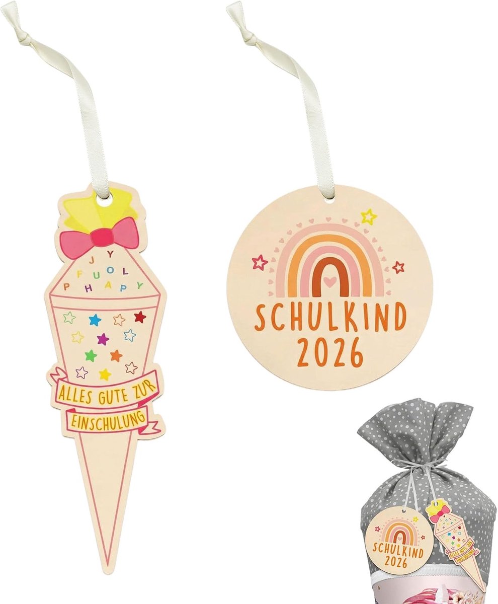 Houten schoolzakhangers, set van 2, ijszakjes, regenboogdecoratie, beschrijfbaar houten bord schoolkind 2026, houten - ShopVlot