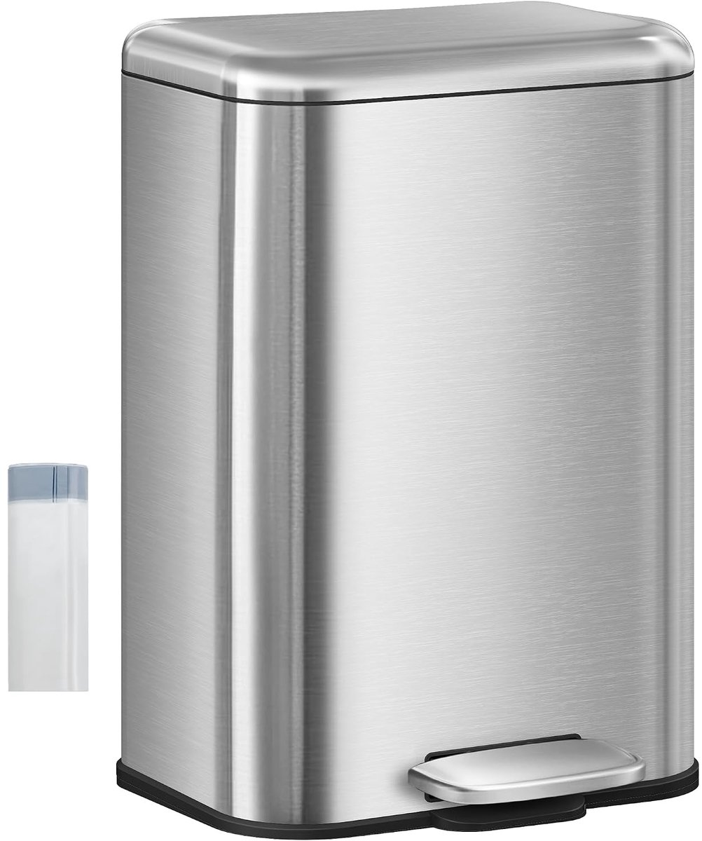 Hzuaneri Afvalemmer keuken, 20 liter, afvalemmer met pedaal, pedaalemmer met softclose-deksel en binnenemmer, keukenafvalemmer met 15 vuilniszakken, staal, zilver