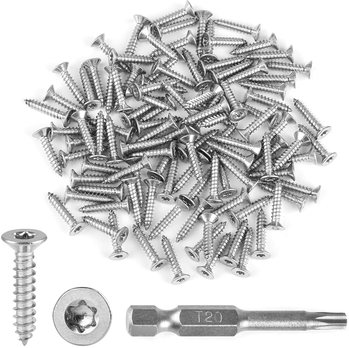 Pack of 100 Self Tapping Stainless Steel Torx Screws, M4 x 20mm Countersunk Head, Torx Screws, Plum Head Stainless - ShopVlot