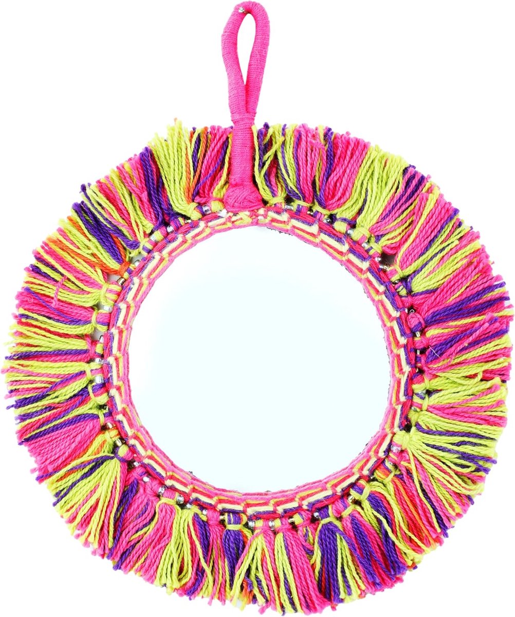 Designer Patwa Handmade Mirror with Bells and Tassels Rajasthani Mirror Banajara Mirror Tribal Mirror Home Bedroom - ShopVlot