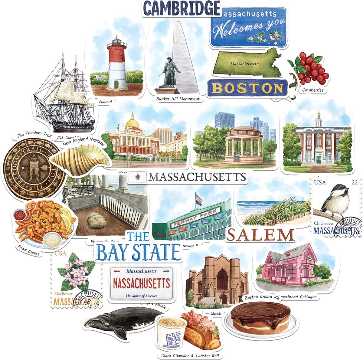 Navy Peony Massachusetts XL-reisstickers – Handgetekende aquarel, glanzend en waterbestendig – Voor koffer, laptop en - ShopVlot