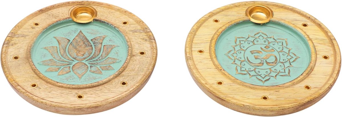 Set Of 2 Handcrafted Wooden Incense Holder with Brass Inlay - Round Agarbatti & Dhoop Stand - ShopVlot