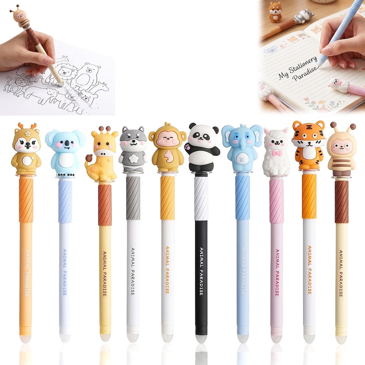 10 stuks uitwisbare balpennen met diermotieven, uitwisbare pennen 0,7 mm met 3D-dierendoppen, gelpennen uitwisbaar - ShopVlot