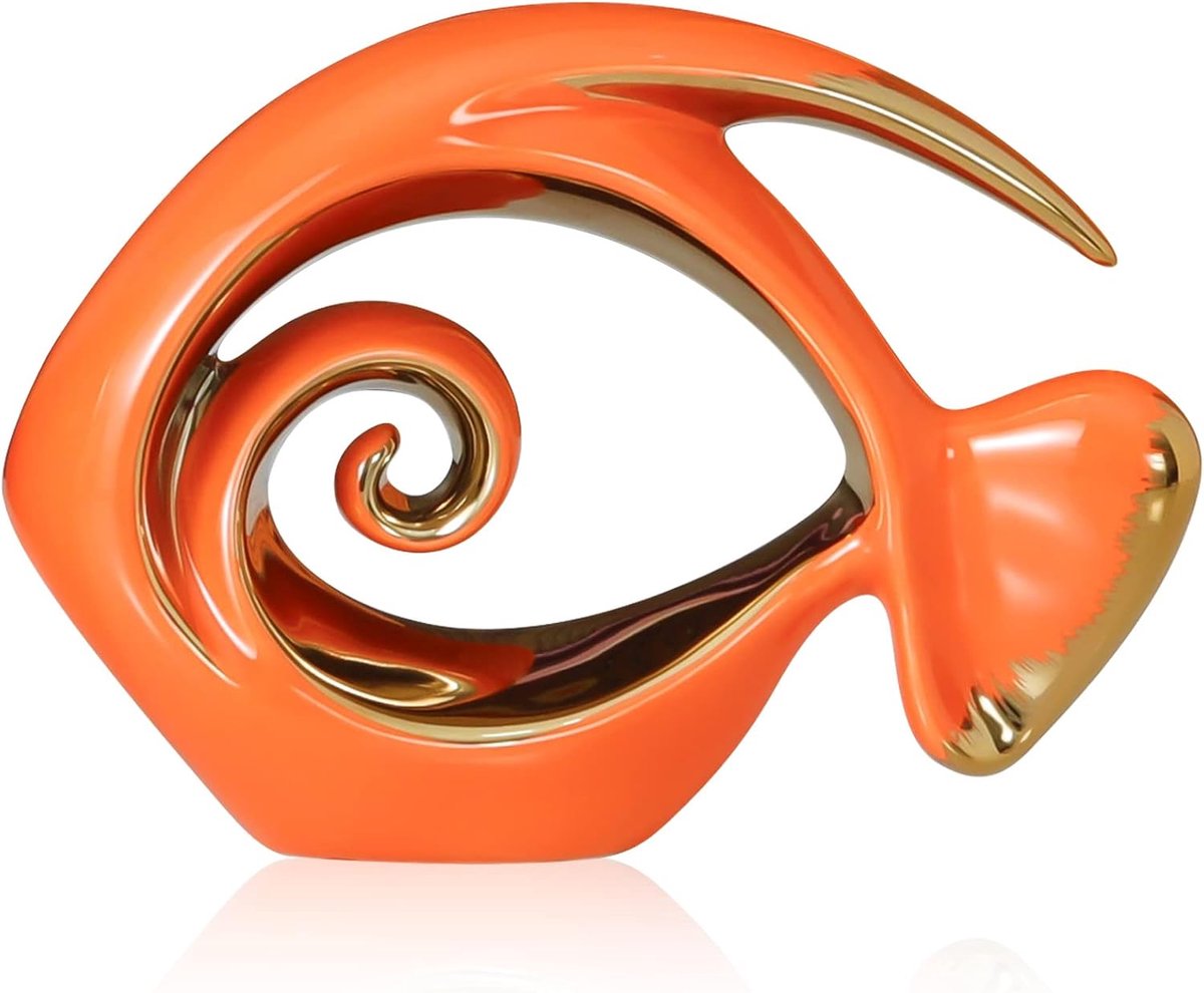 QIANLING Ceramic Fish Statue Sculpture Ornament (Large Orange) - ShopVlot