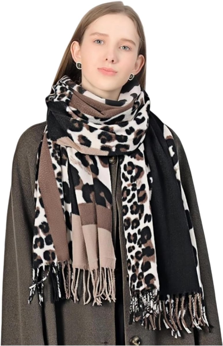 Ladies Leopard Print Scarf with Elegant Fringe,Khaki Imitation Cashmere Winter Warm Scarves,Cozy Winter - ShopVlot