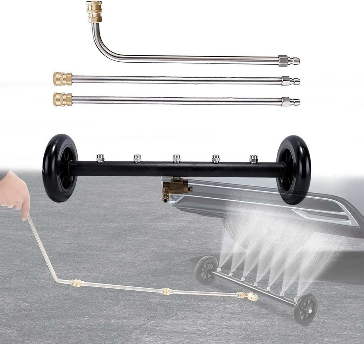 Wisser met dubbele functie - waterbezem voor hogedrukreiniger - 5 sproeiers, 3 verlengstangen - ShopVlot