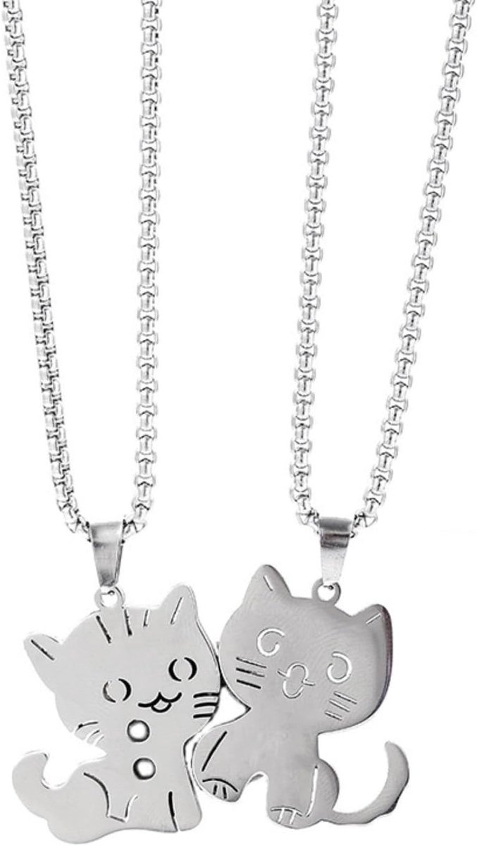 Bijpassende Kattenkettingen, 2 Stuks, Vriendschapsketting voor Meisjes, Roestvrij Staal, Perfect Cadeau voor Vrienden en Liefhebbers