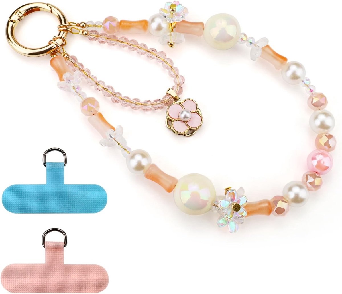Decoratieve roze bloem kralen telefoon charme voor vrouwen, kristallen polsband met roestvrijstalen gesp en 2 Tether tabs voor extra veiligheid en stijl