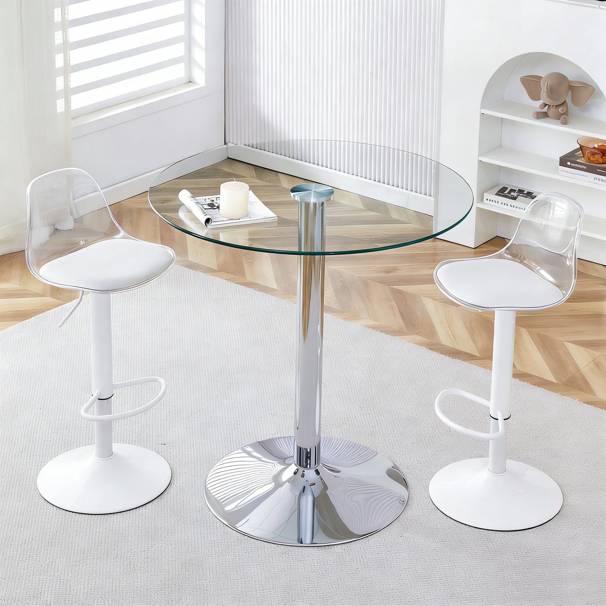 COVREO Bartafelset 89x89x104 cm transparant, glas en metaal met 2 barkrukken