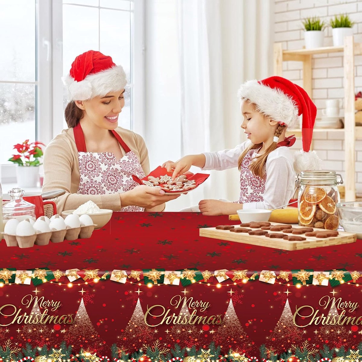 Tafellaken kerst 137 x 274 cm - plastic waterdicht - vrolijke kerstprint - perfect voor feestelijke diners - ShopVlot