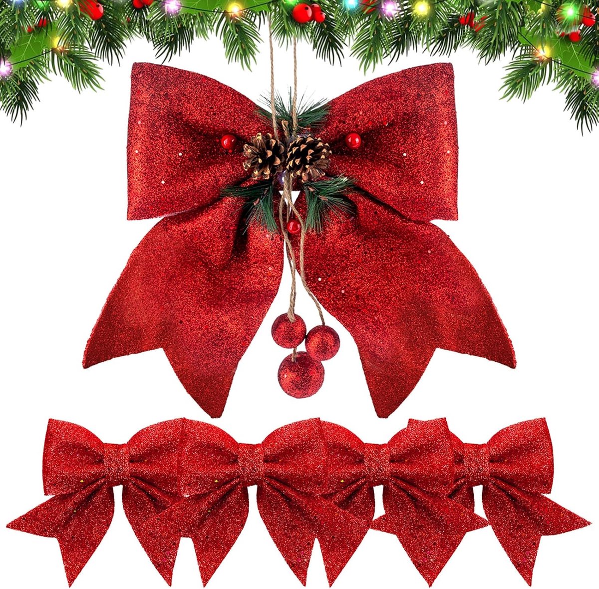 Kerstboomstrikken grote rode glitter - 5 stuks - feestelijke decoratie - perfect voor kerstboom - ShopVlot