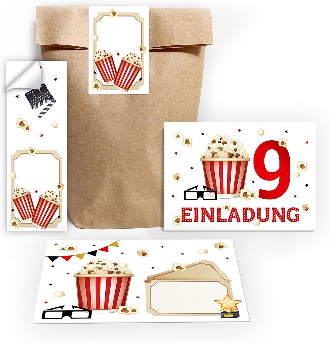 Uitnodigingskaarten 9e verjaardag - 12 kaarten met enveloppen - Modern design - Perfect voor cinema feestje - ShopVlot