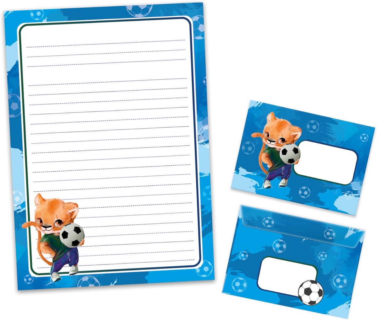 Briefpapier set A4 - voetbal leeuw blauw - 25 vel met 15 enveloppen - creatief schrijven voor kinderen - ShopVlot