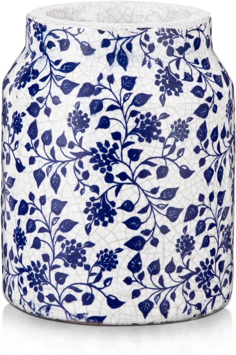 Keramische vaas - handgemaakt - blauw-wit motief - perfect voor bloemdecoratie - ShopVlot
