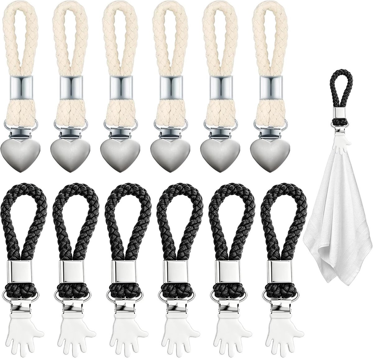 Set van 12 Handdoekklemmen - Multicolor - Handvormige en Hartvormige Clips - Katoenen Touw met Metalen Clips - Voor Keuken en Badkamer