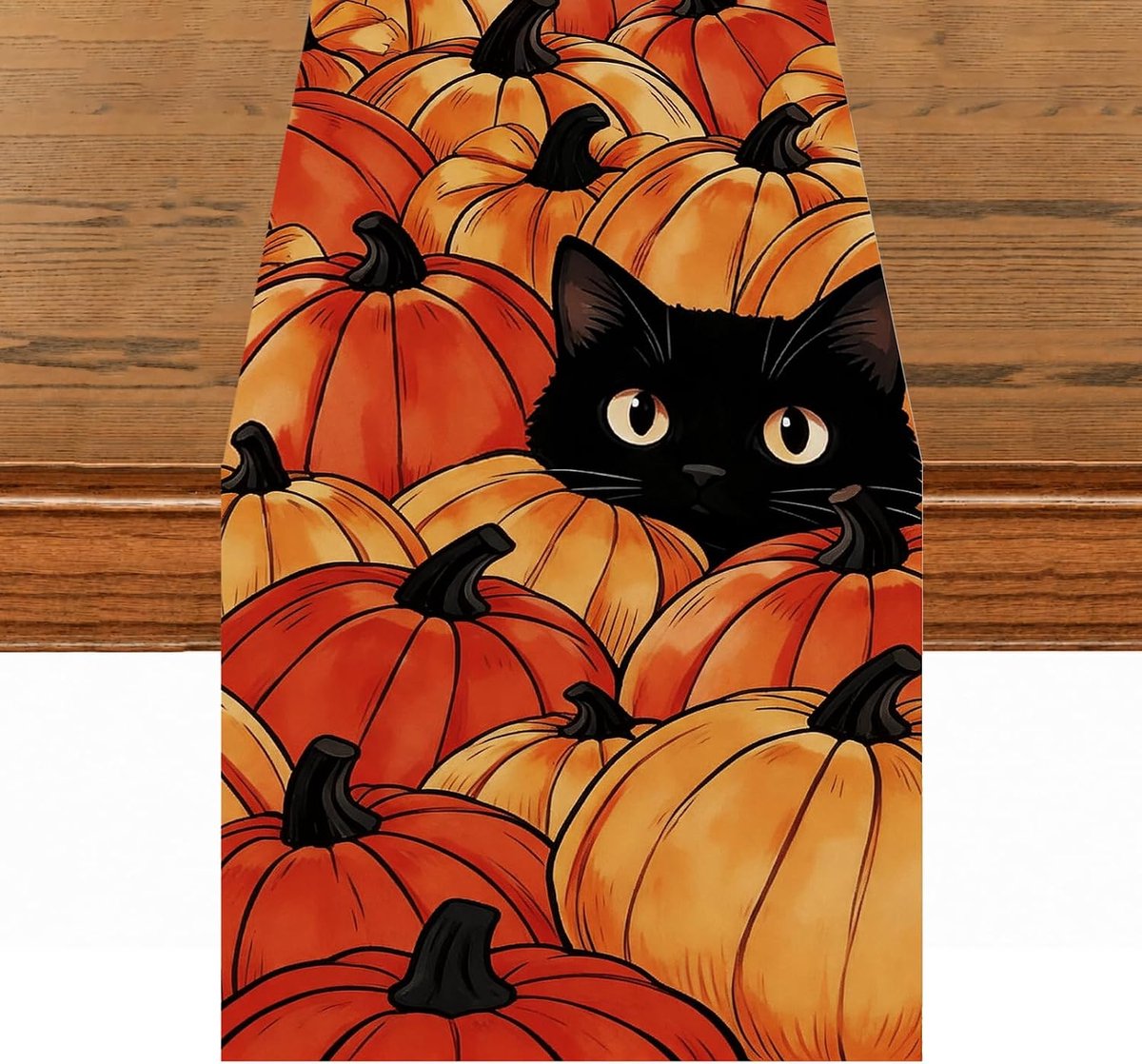 Herfsttafelloper 180 x 35 cm - Halloween-design - met katten en pompoenen - sfeervolle tafeldecoratie - ShopVlot