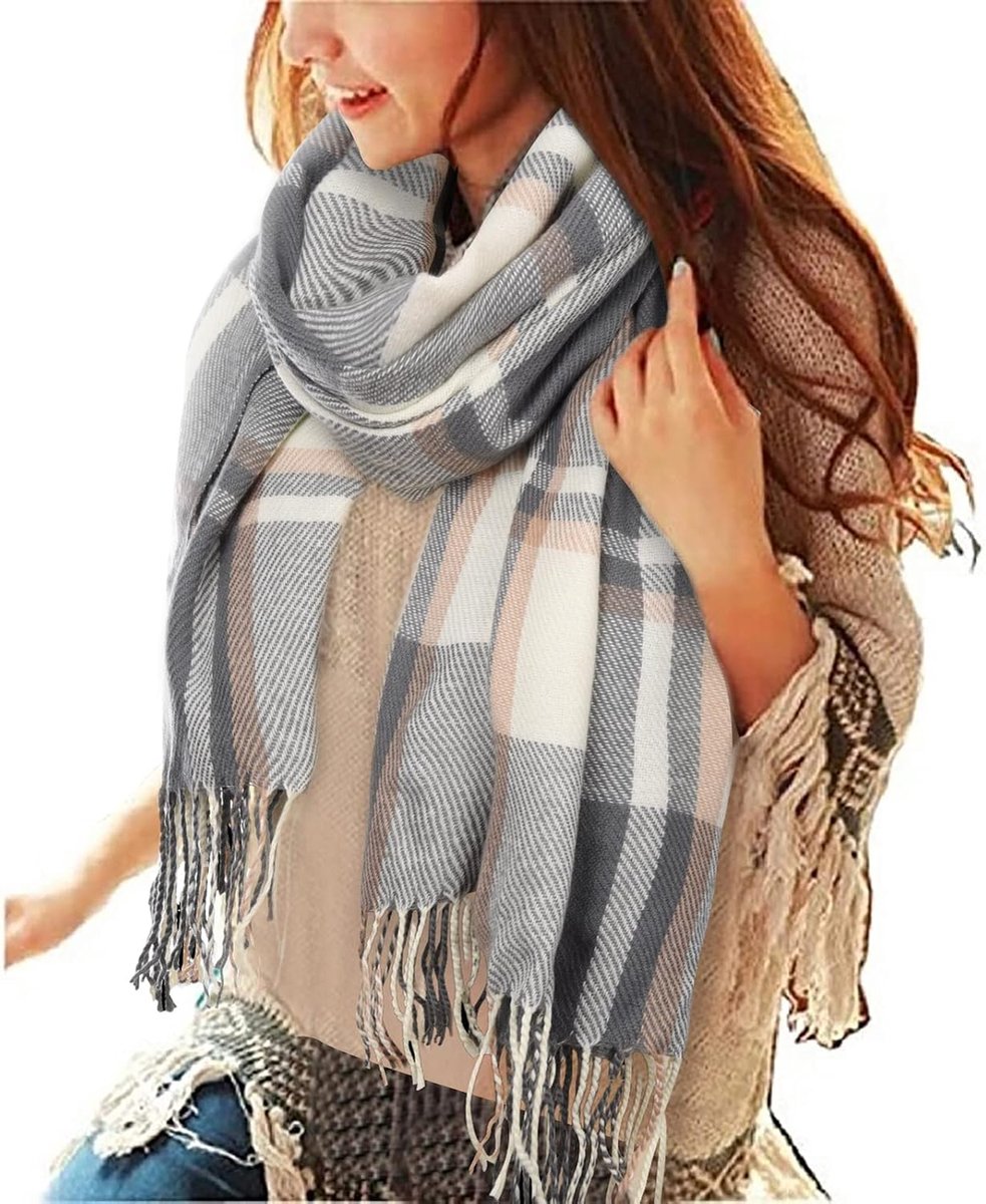 Oversized sjaal - cashmere - grijs en wit - zacht en warm - ShopVlot