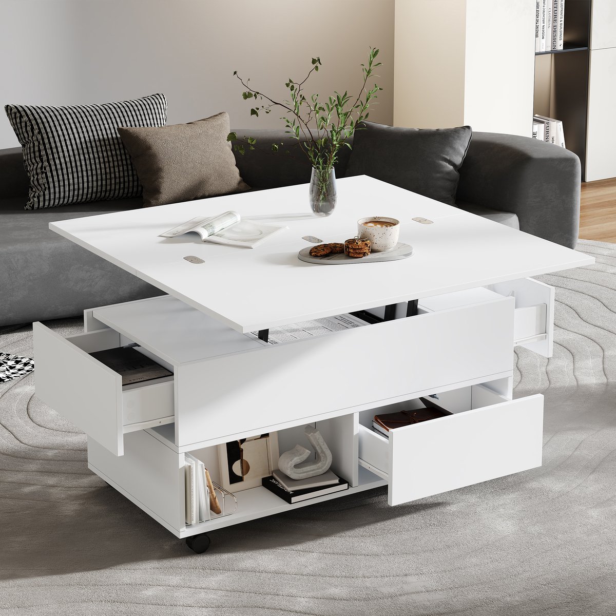 Hoogteverstelbare Couchtisch 100x50 cm - Multifunctionele Salontafel Met 4 Laden, Opklapbaar En 4 Wieltjes Wit