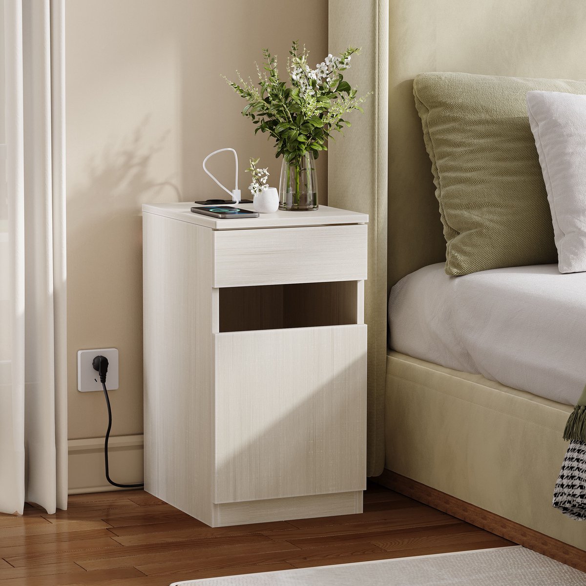 Nachttafel 33x40x61,5 cm - Nachtkastje Met USB-C En Stopcontact Inclusief Prullenbak Wit