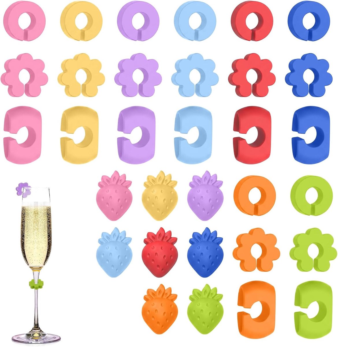 Glazen markers siliconen set - 32 stuks - 8 kleuren, 4 vormen - herbruikbaar voor bruiloft en evenementen - BPA-vrij - ShopVlot