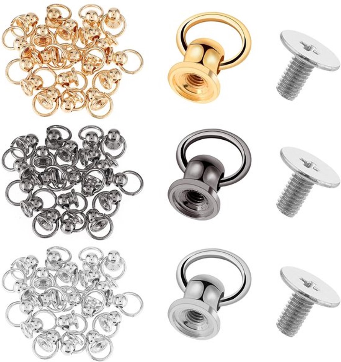 Amaxiu set van 60 ronde kop klinknagels met terugschroef, 3 kleuren 8 mm lederen klinknagels en studs, handtas klinknagels set voor doe-het-zelf portemonnee telefoonhoesje handtas rugzak, 564206_1