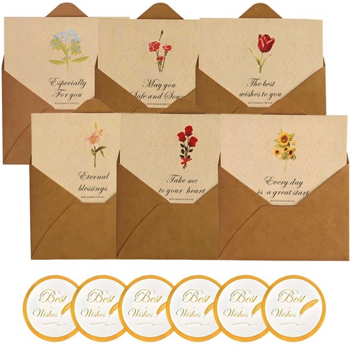 Bedankkaarten Set - 6 Wenskaarten - Enveloppen Kraftpapier - Goudbedrukte Zegelstickers - Blanco Kaarten - Hoogwaardige Materialen