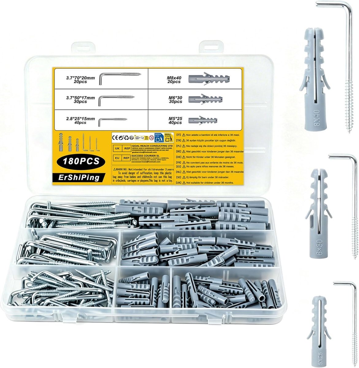 Pack of 180 Screw Hooks Straight Assortment L Hook Screws Assortment Wall Hooks for Screw Hook with Expansion Tube - ShopVlot