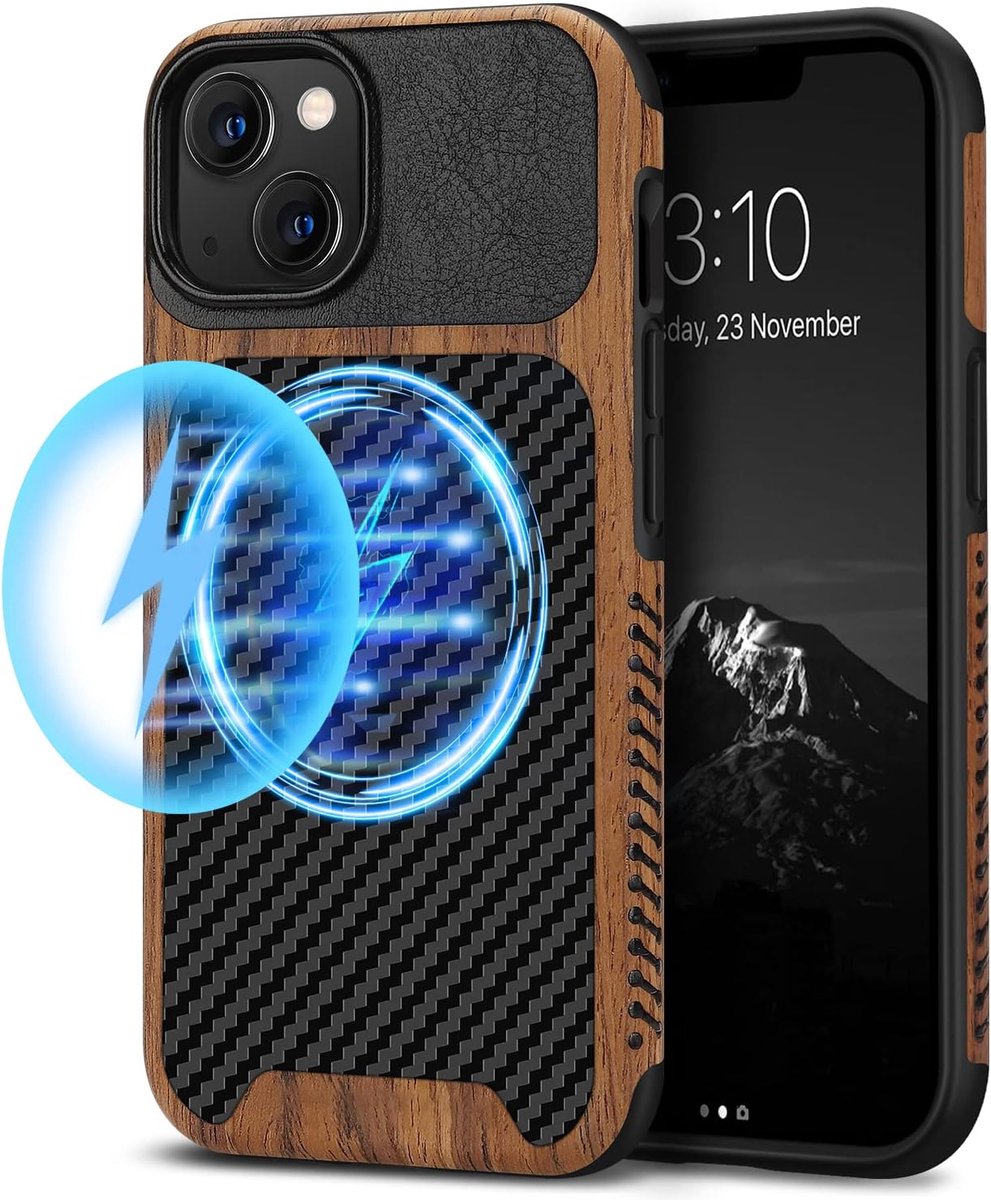 TENDLIN Compatible with iPhone 13 mini case Wood Grain with Carbon Fiber Texture Design Leather Hybrid Slim Case - ShopVlot