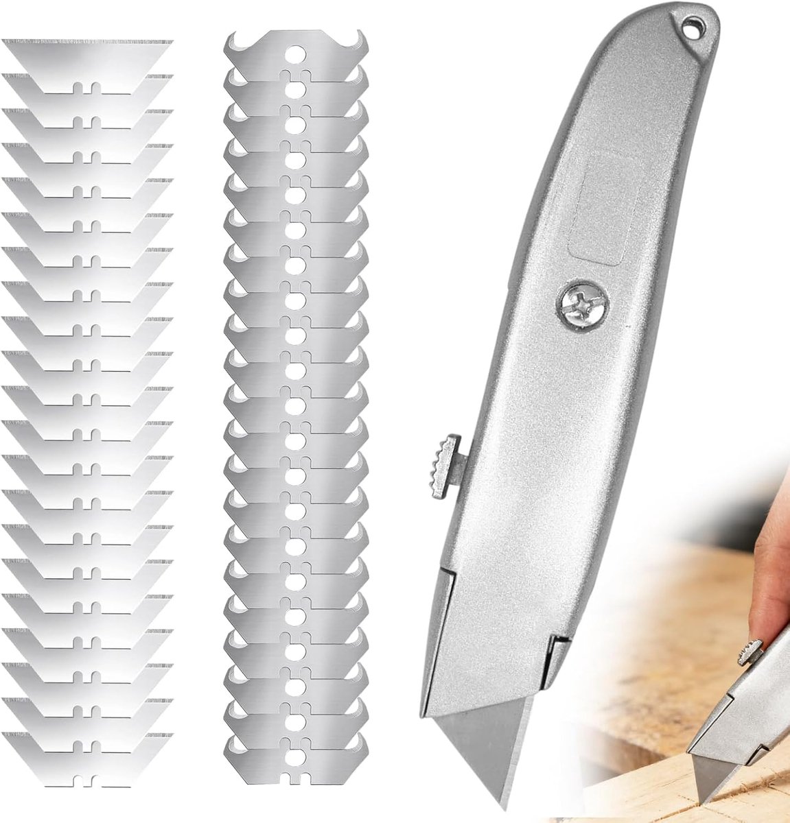 Professioneel tapijtmes, tapijtmes, haaklemmet, set universeel mes, haakmes met 20 trapeziumlemmeten en 20 haakmessen - ShopVlot