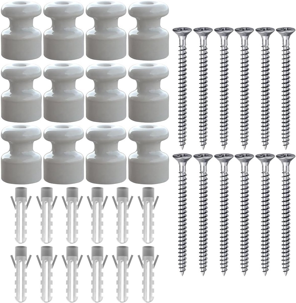 12 pieces porcelain insulators for cable installation, grey - For installation with braided textile cable, insulators - ShopVlot
