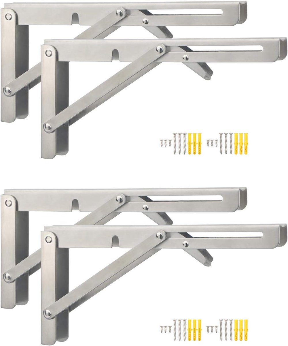 Heavy Duty Stainless Steel Wall Shelf Support Bracket, 10 inch Silver Triangle Folding Shelf Bracket for Space Saving - ShopVlot