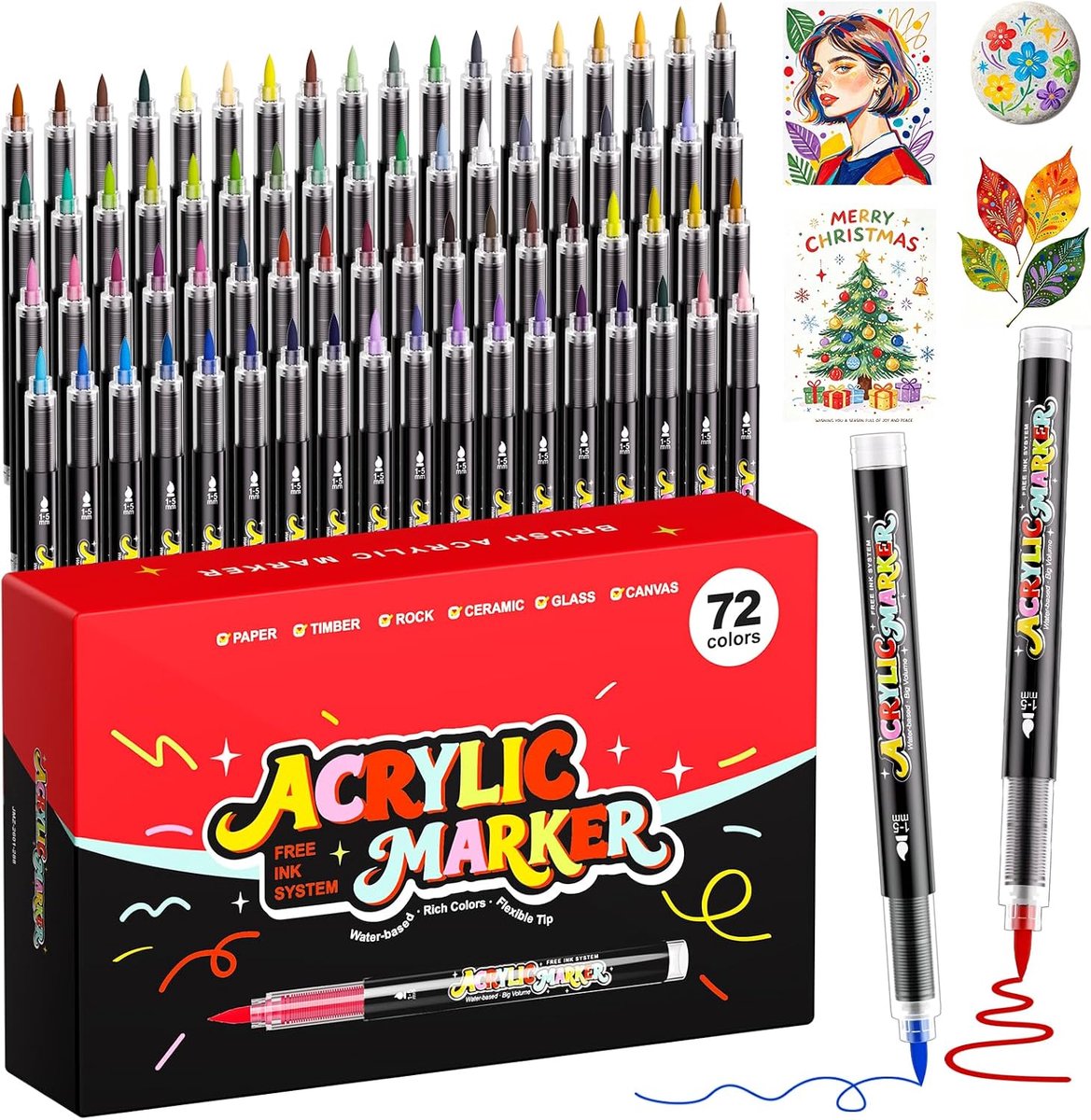 Sanyetral 72PCS Accrylic Markers Set,1-5MM Brush Tip voor Cermic Glas - Rock Painting Cermic Glas Steen Metalen Stof - ShopVlot