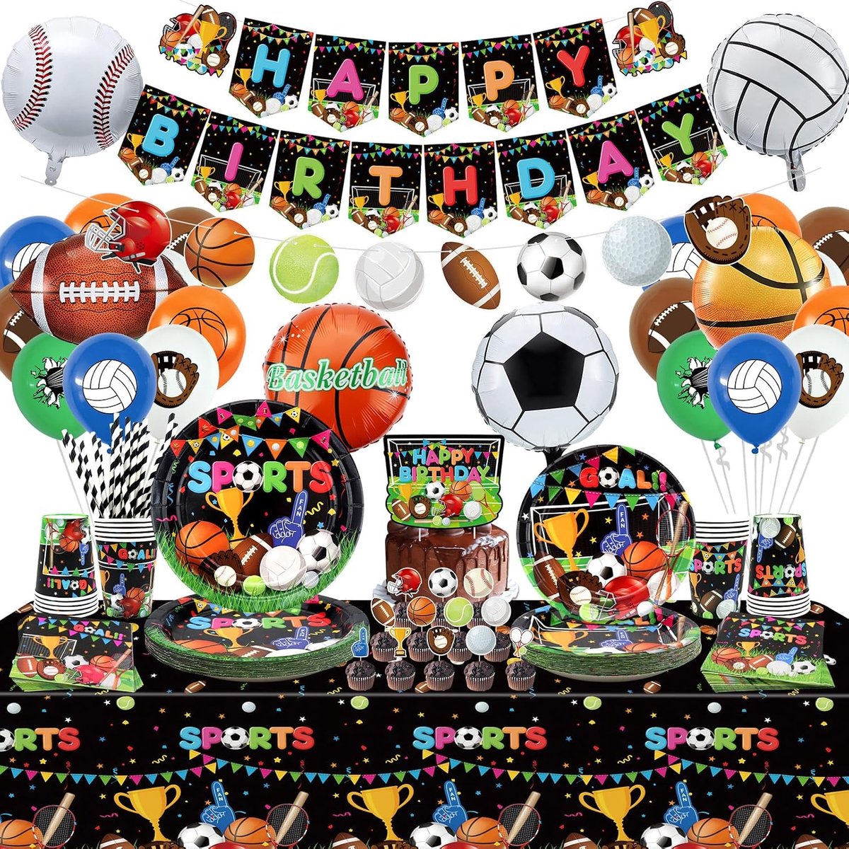 Sports Theme Birthday Party Decorations - Includes Happy Birthday Banner, Tableware, Tablecloth and Balloons, Football - ShopVlot