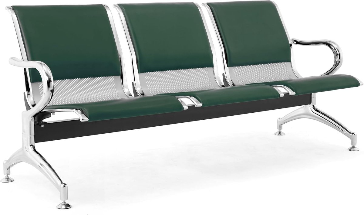 3-seater sofa steel 183 x 71 x 78 H silver for waiting room - with seat and back cushions green BOSCO 117 - ShopVlot