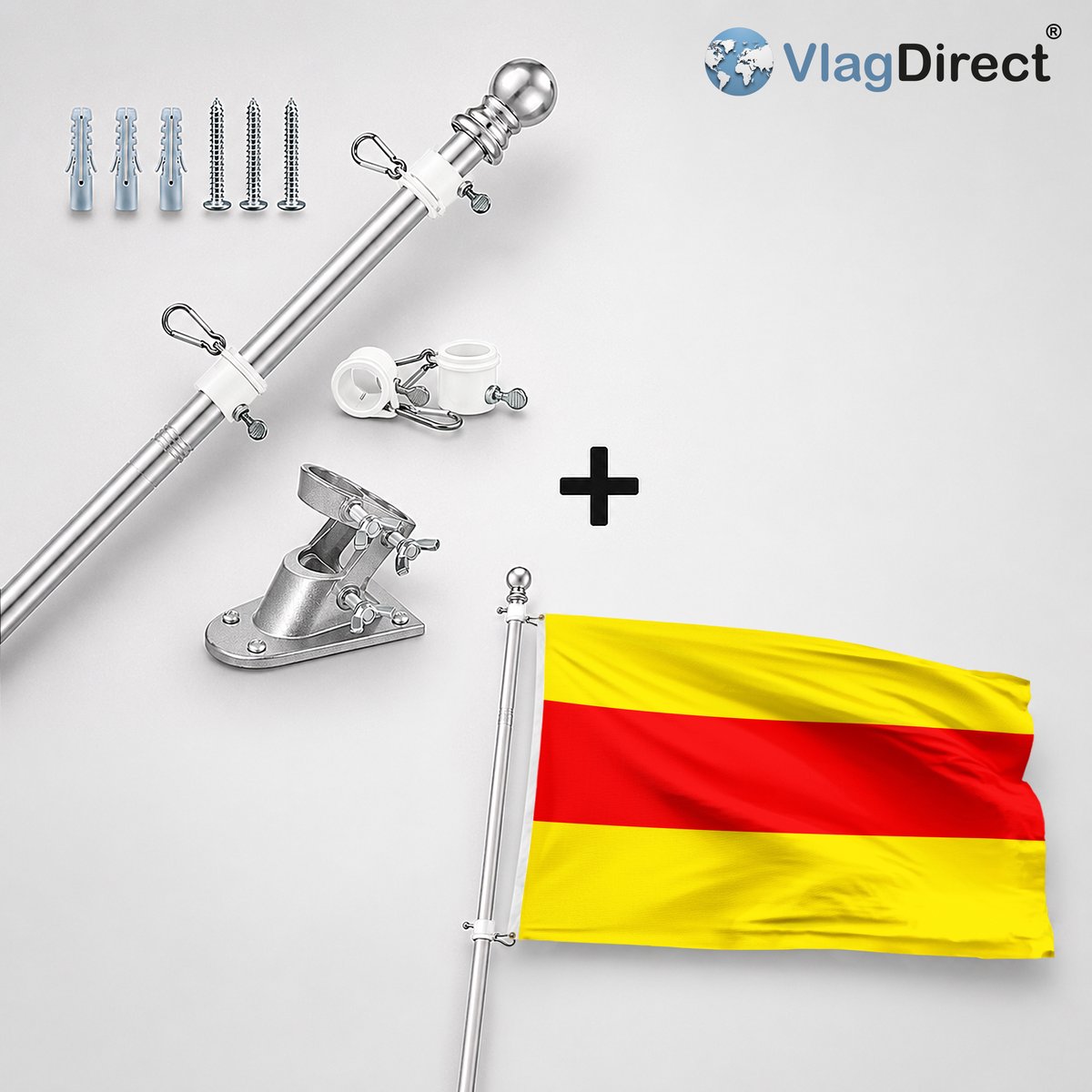 VlagDirect - Compleet vlaggenpakket - Zilveren vlaggenstok inclusief vlaggenstokhouder + Wingense vlag - Gemeente Wingene vlag - 90 x 150 cm.