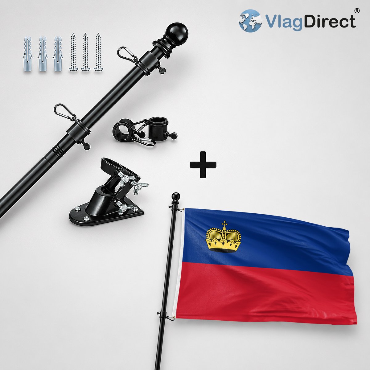 VlagDirect - Compleet vlaggenpakket - Zwarte vlaggenstok inclusief vlaggenstokhouder + Liechtensteinse vlag - Liechtenstein vlag - 90 x 150 cm
