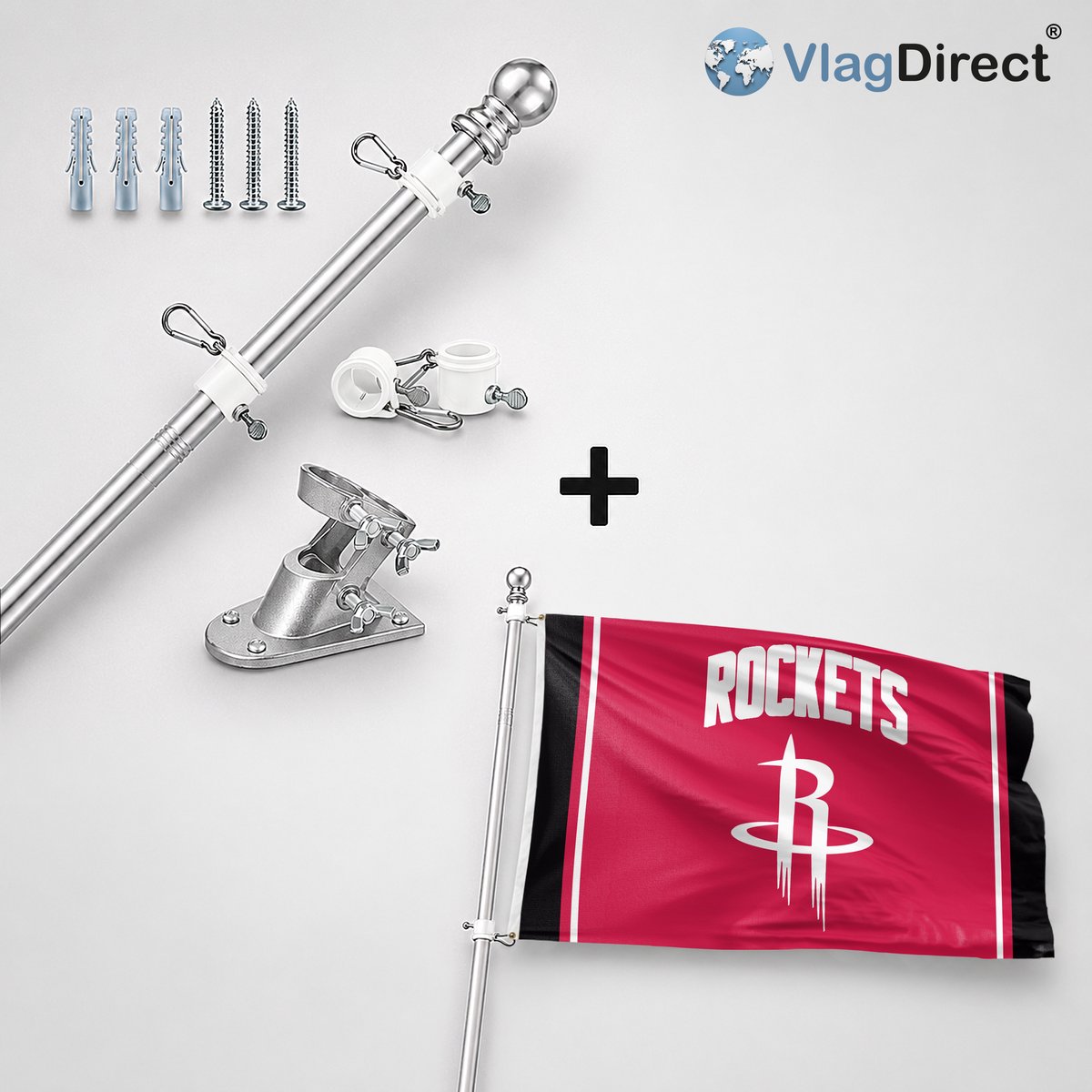 VlagDirect - Compleet vlaggenpakket - Zilveren vlaggenstok inclusief vlaggenstokhouder + Houston Rockets vlag - Houston Rockets basketbalteam vlag - 90 x 150 cm.