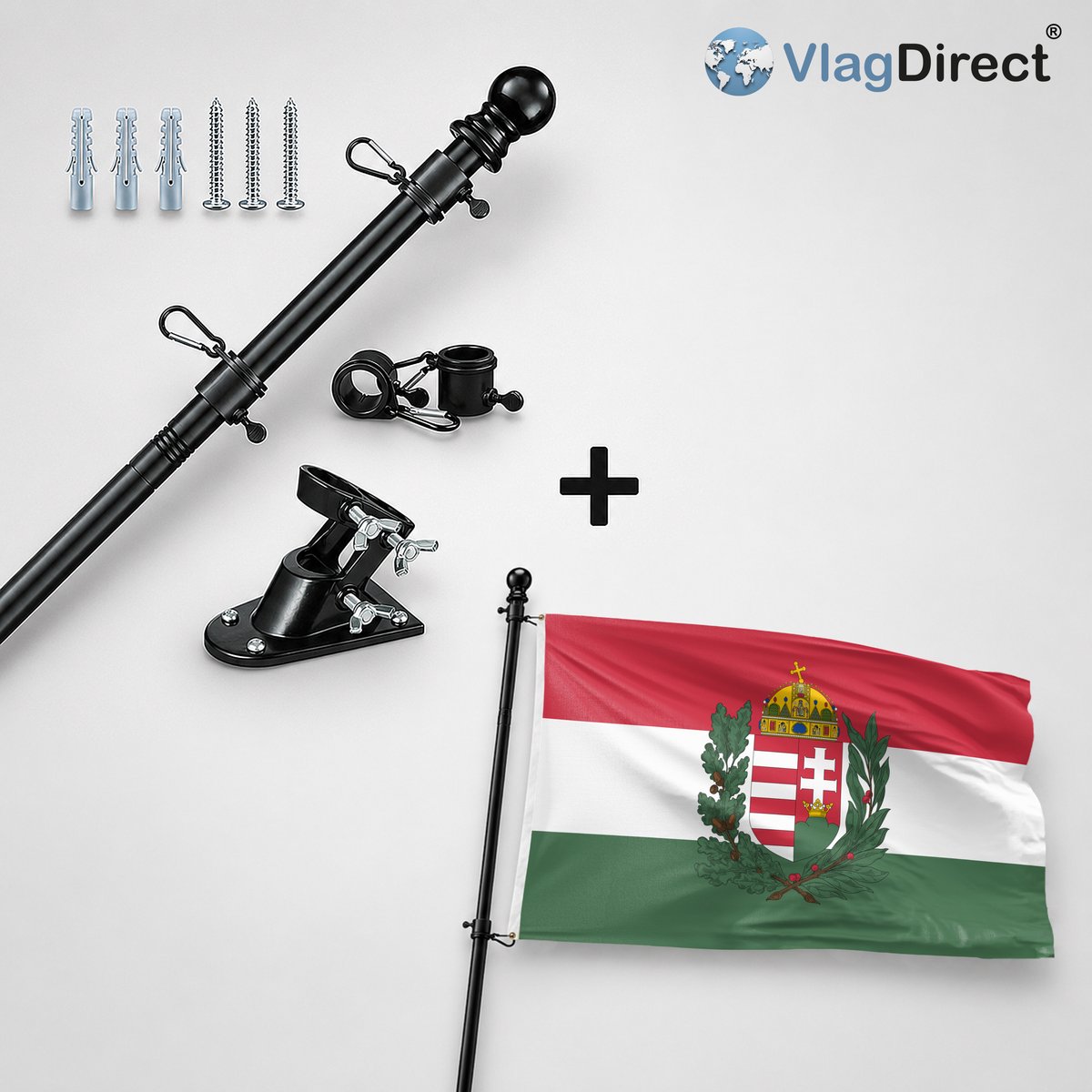 VlagDirect - Compleet vlaggenpakket - Zwarte vlaggenstok inclusief vlaggenstokhouder + Hongaarse vlag - Hongarije vlag - 90 x 150 cm.