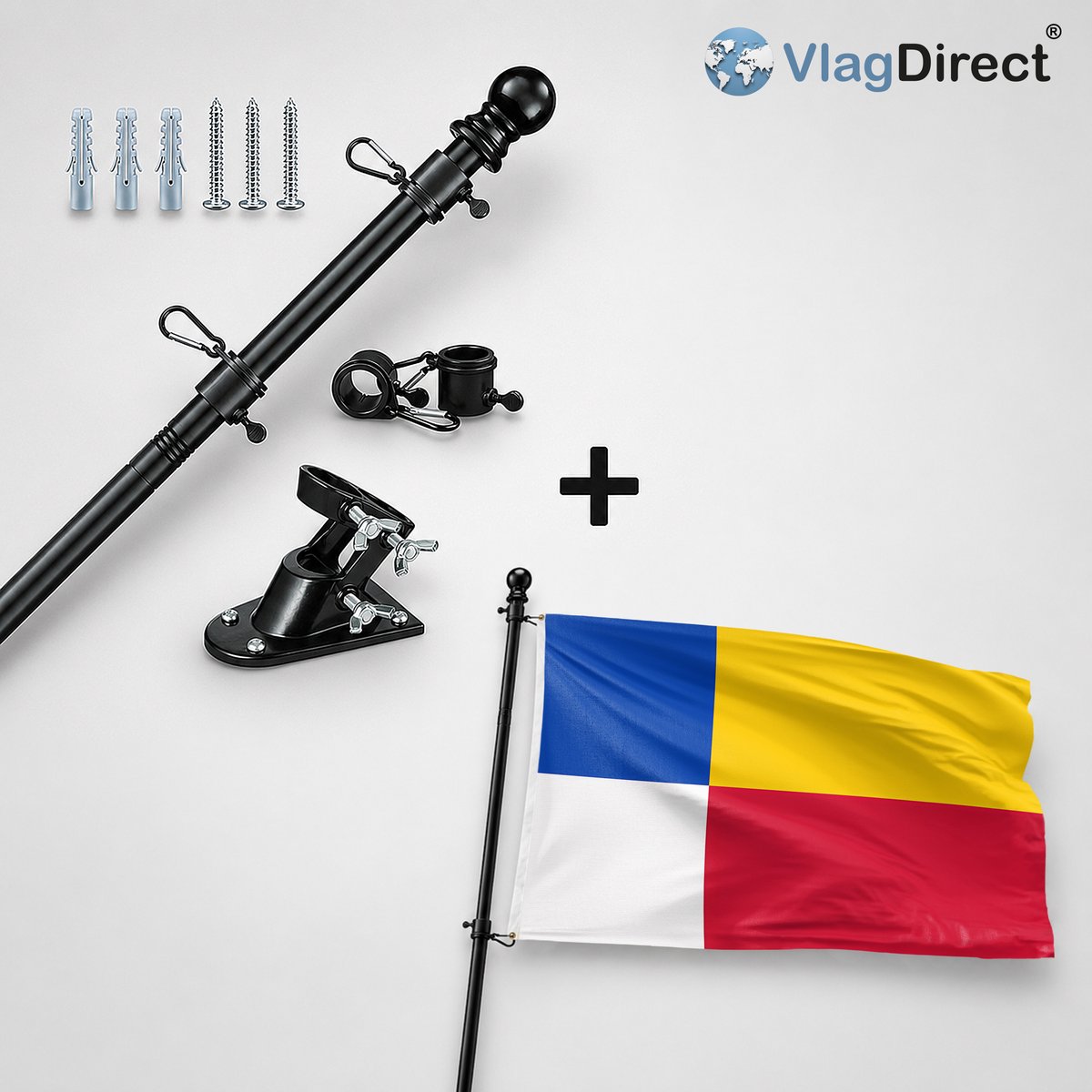 VlagDirect - Compleet vlaggenpakket - Zwarte vlaggenstok inclusief vlaggenstokhouder + Heerde vlag - Gemeente Heerde vlag - 90 x 150 cm.