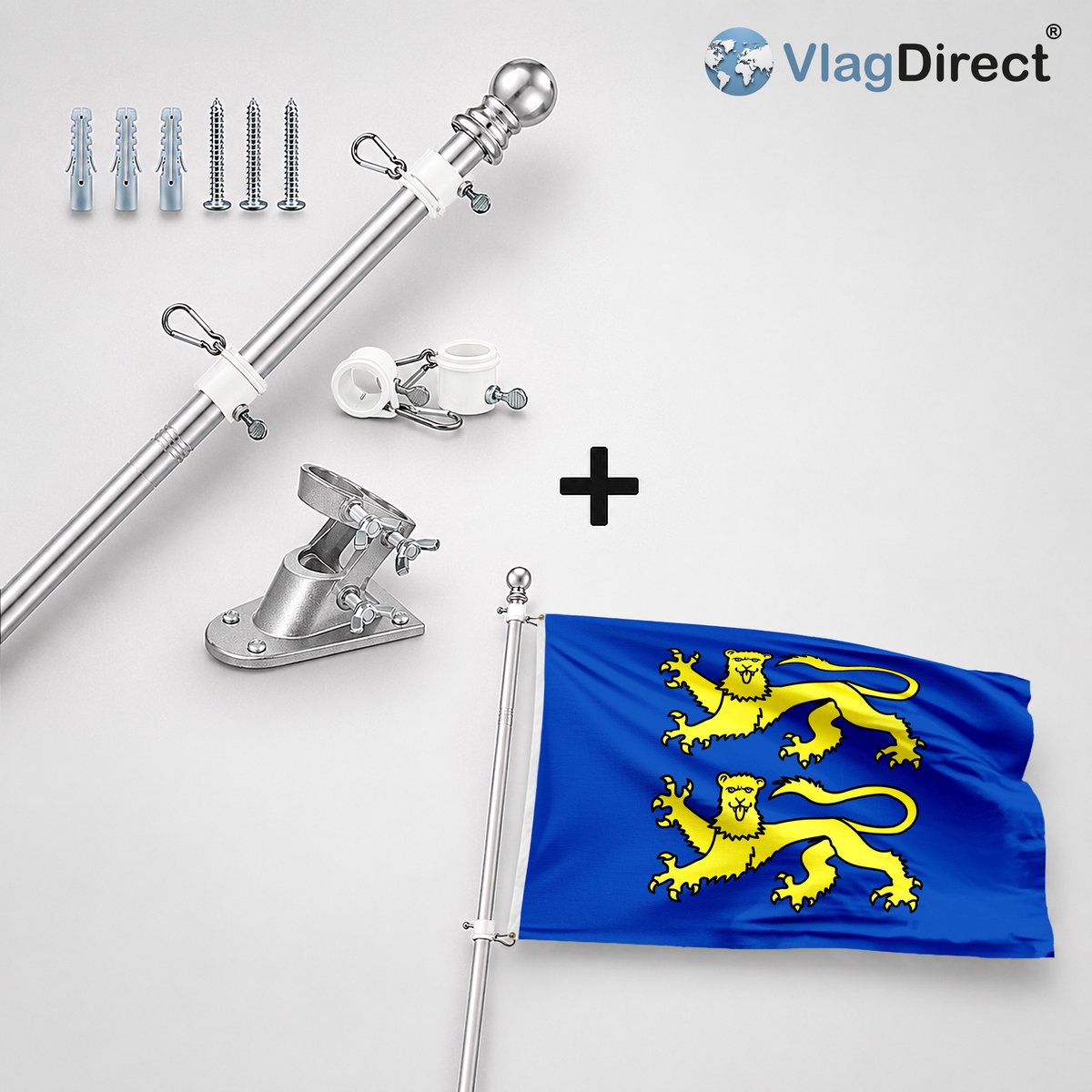 VlagDirect - Compleet vlaggenpakket - Zilveren vlaggenstok inclusief vlaggenstokhouder + Gemeente Daverdisse vlag - 90 x 150 cm.