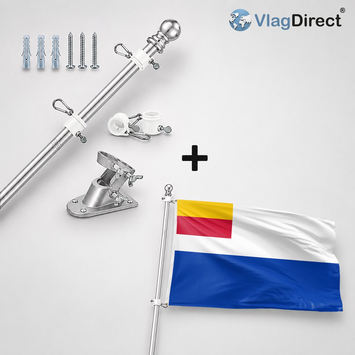 VlagDirect - Compleet vlaggenpakket - Zilveren vlaggenstok inclusief vlaggenstokhouder + Duiven vlag - Gemeente Duiven vlag - 90 x 150 cm.