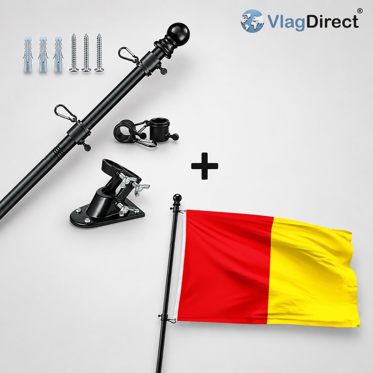 VlagDirect - Compleet vlaggenpakket - Zwarte vlaggenstok inclusief vlaggenstokhouder + Gemeente Luik vlag - 90 x 150 cm.
