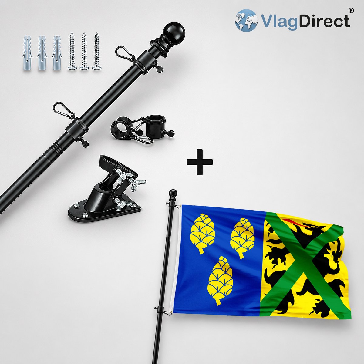 VlagDirect - Compleet vlaggenpakket - Zwarte vlaggenstok inclusief vlaggenstokhouder + Alveringemse vlag - Gemeente Alveringem vlag - 90 x 150 cm.
