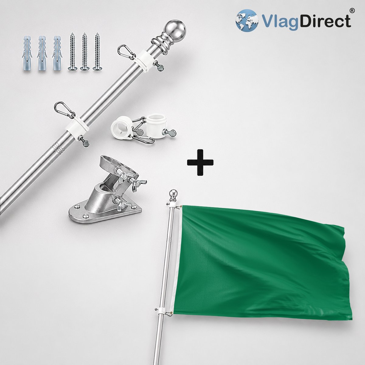 VlagDirect - Compleet vlaggenpakket - Zilveren vlaggenstok inclusief vlaggenstokhouder + Groene vlag - Groene thema vlag - 90 x 150 cm.