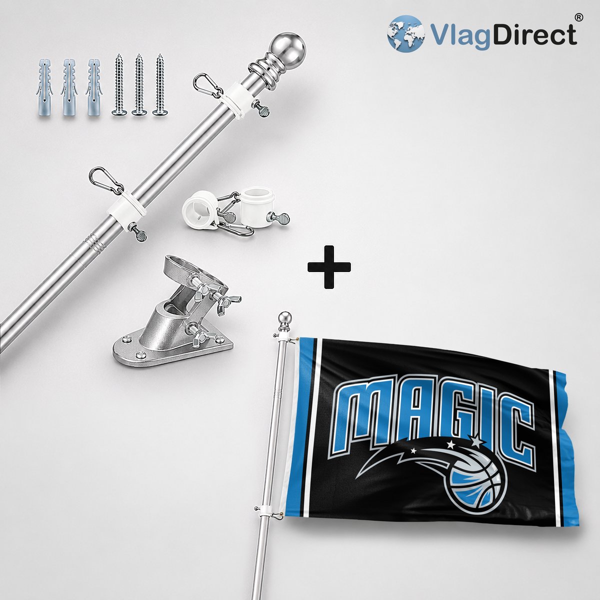 VlagDirect - Compleet vlaggenpakket - Zilveren vlaggenstok inclusief vlaggenstokhouder + Orlando Magic vlag - Orlando Magic basketbalteam vlag - 90 x 150 cm.