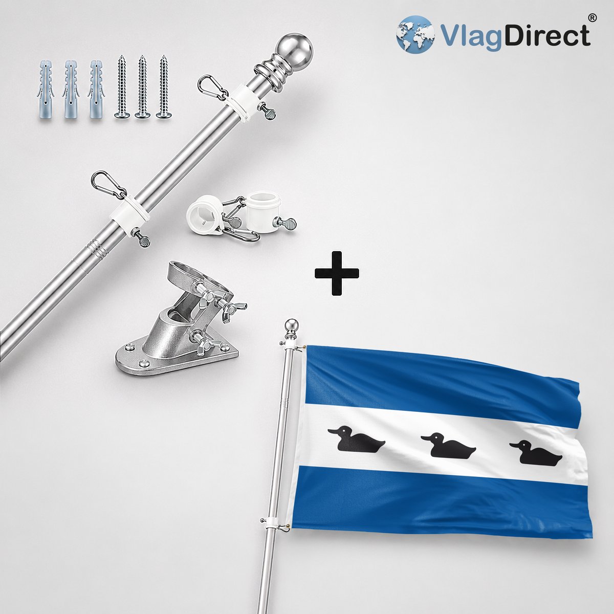 VlagDirect - Compleet vlaggenpakket - Zilveren vlaggenstok inclusief vlaggenstokhouder + Diemen vlag - Gemeente Diemen vlag - 90 x 150 cm.