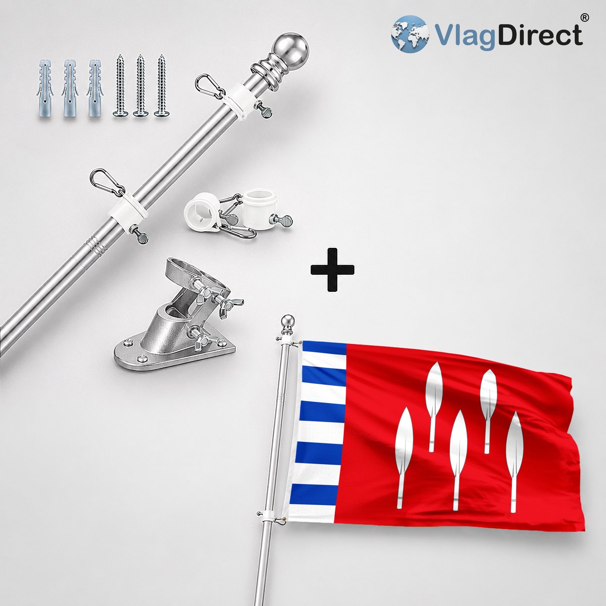 VlagDirect - Compleet vlaggenpakket - Zilveren vlaggenstok inclusief vlaggenstokhouder + Gemeente Virton vlag - 90 x 150 cm.